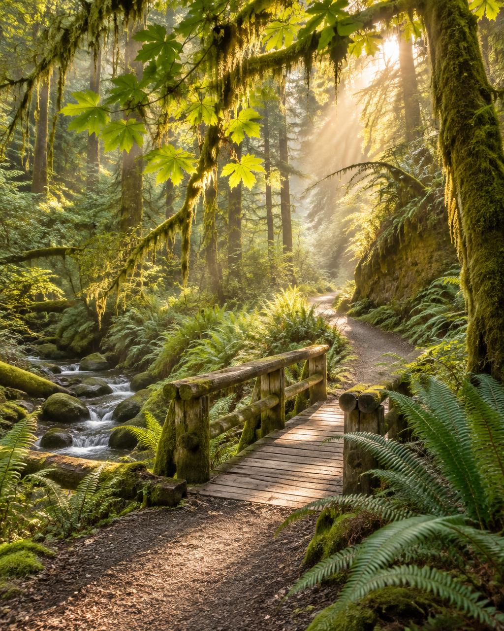 A mossy Washington forest trail crossing a small wooden footbridge in soft morning light
