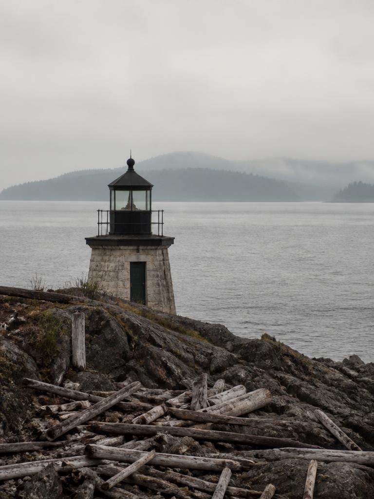 A small stone lighthouse on a driftwood shoreline under Pacific Northwest fog